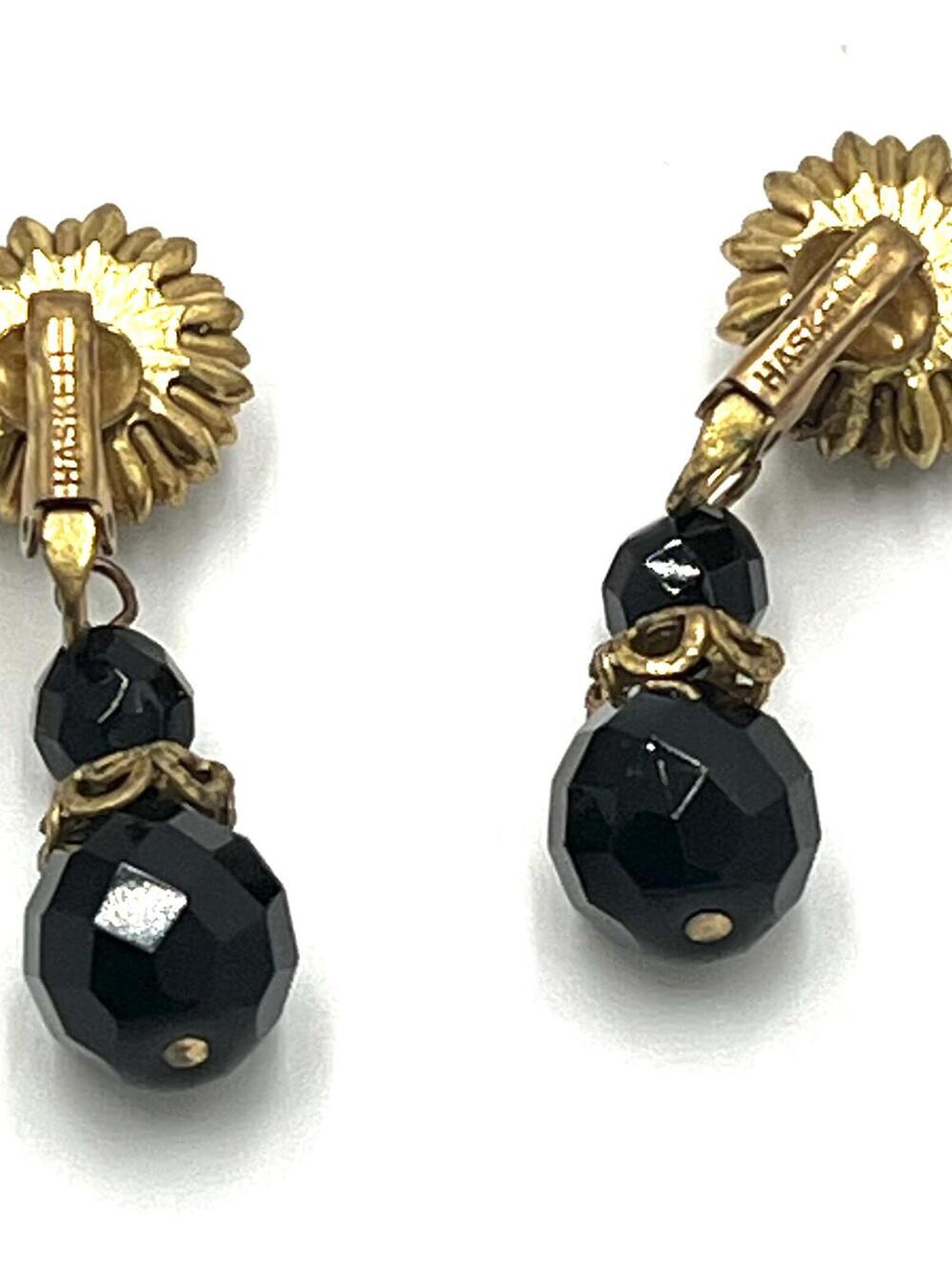 Vintage Miriam Haskell Goldtone Black Glass Dangle Clip Ons - Picture 2 of 6